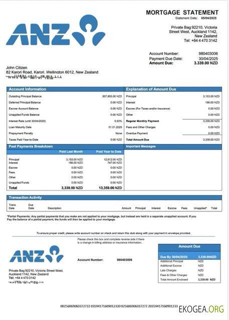 Modèle Word et PDF de relevé hypothécaire de la Banque ANZ de Nouvelle , Zélande